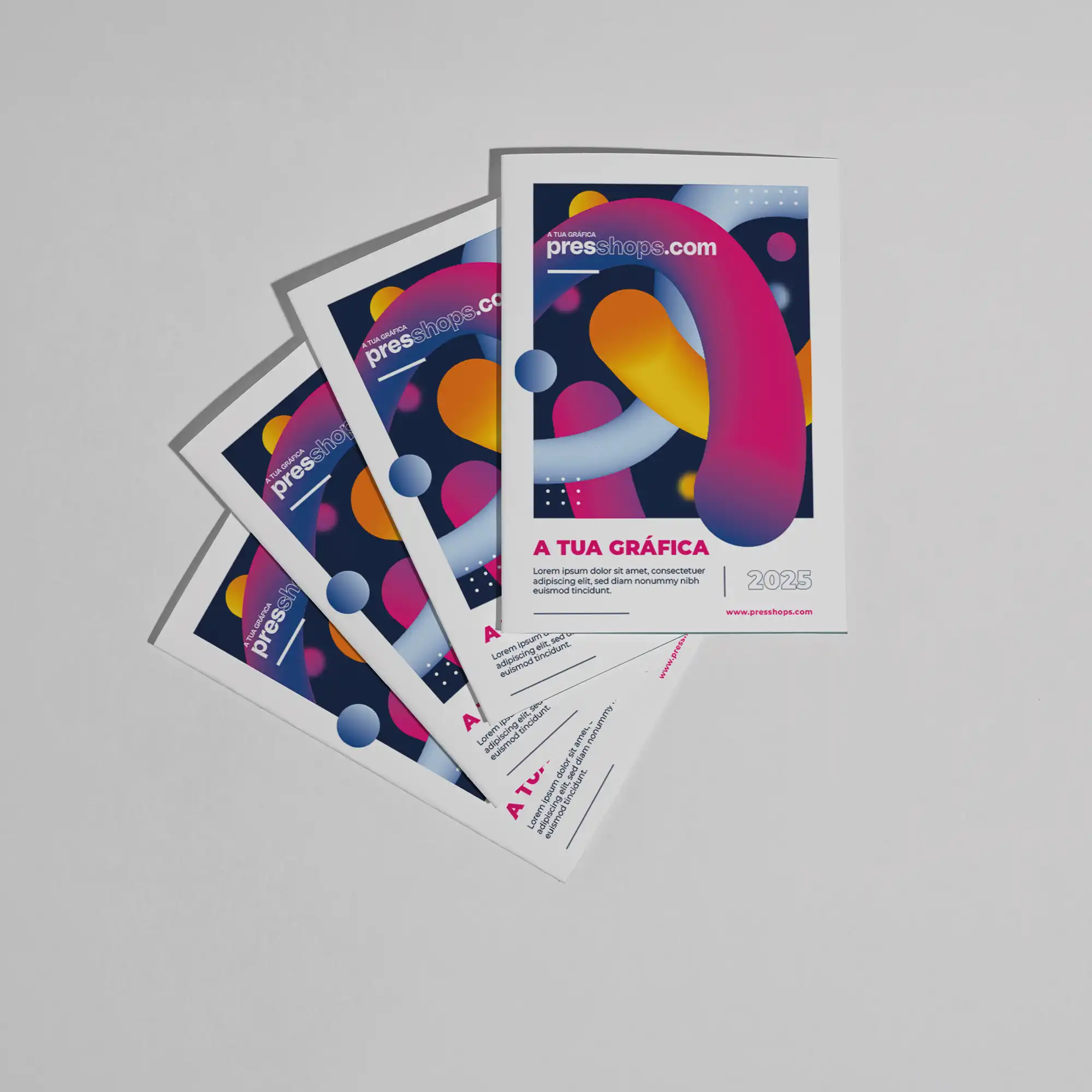 Impressão de flyers com qualidade profissional e cores vivas. Papel premium, prazos rápidos e revisão de ficheiros. Encomende online na Presshops.