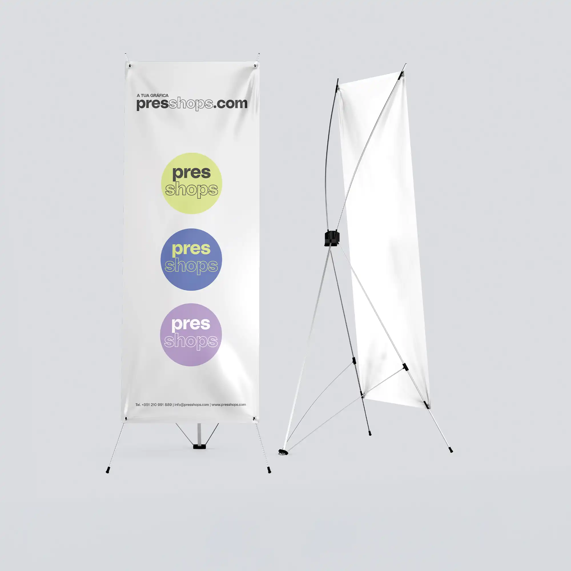 X-Banner personalizado com impressão de alta qualidade. Estrutura leve, montagem rápida e transporte fácil. Encomende online na Presshops.
