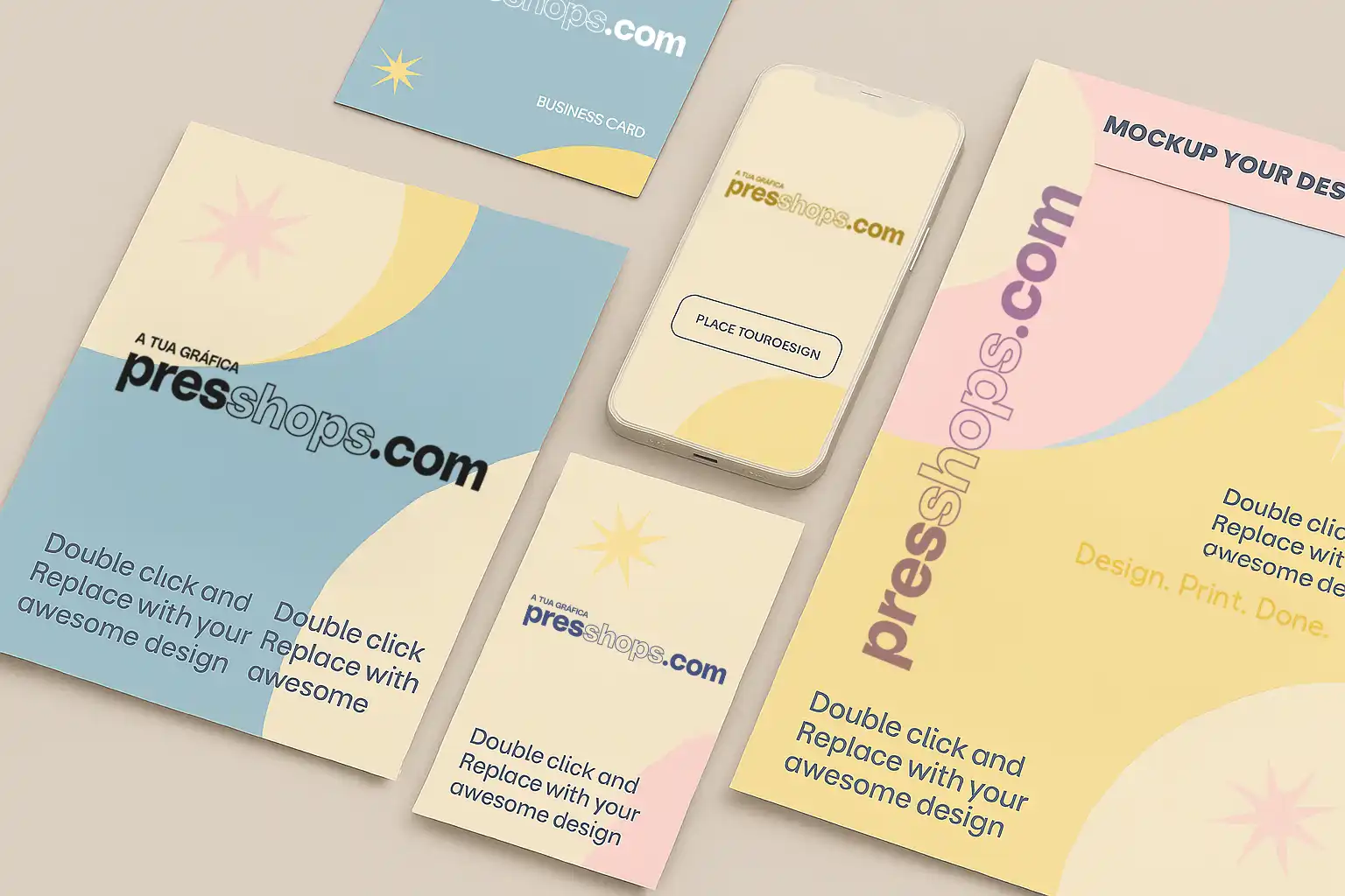 Materiais gráficos da Presshops com design moderno e colorido, representando impressão personalizada e criativa em Portugal.