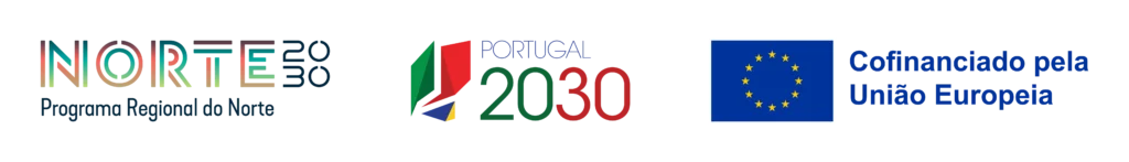 Logótipos do programa Norte 2030, Portugal 2030 e União Europeia – cofinanciamento europeu para o projeto Presshops.