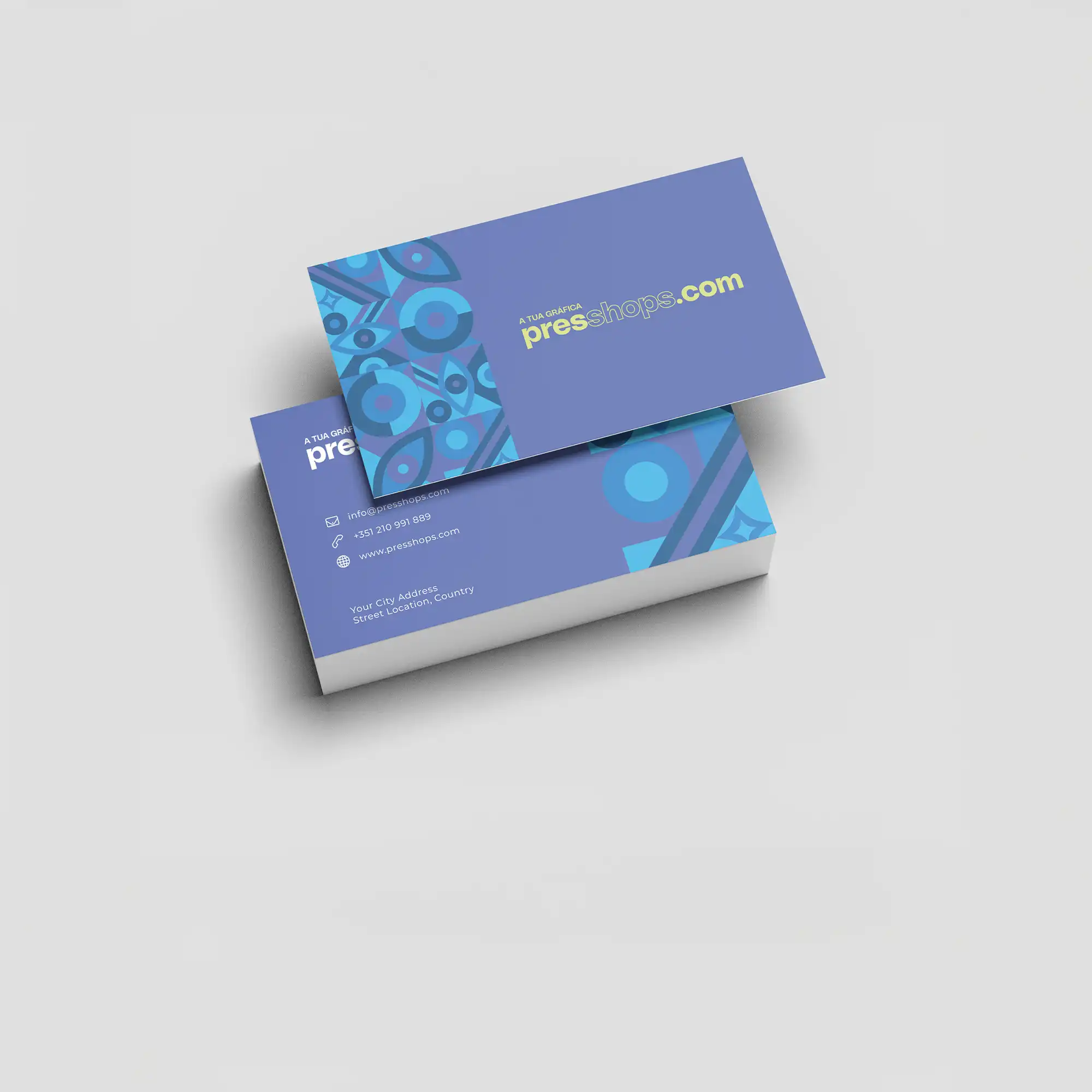 Cartões de visita Presshops com design azul geométrico moderno, impressos com logótipo personalizado para uso profissiona