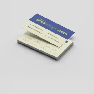 Cartões de marcação Presshops em tons azul e creme, personalizados com logótipo, ideais para salões, clínicas e empresas de serviços.