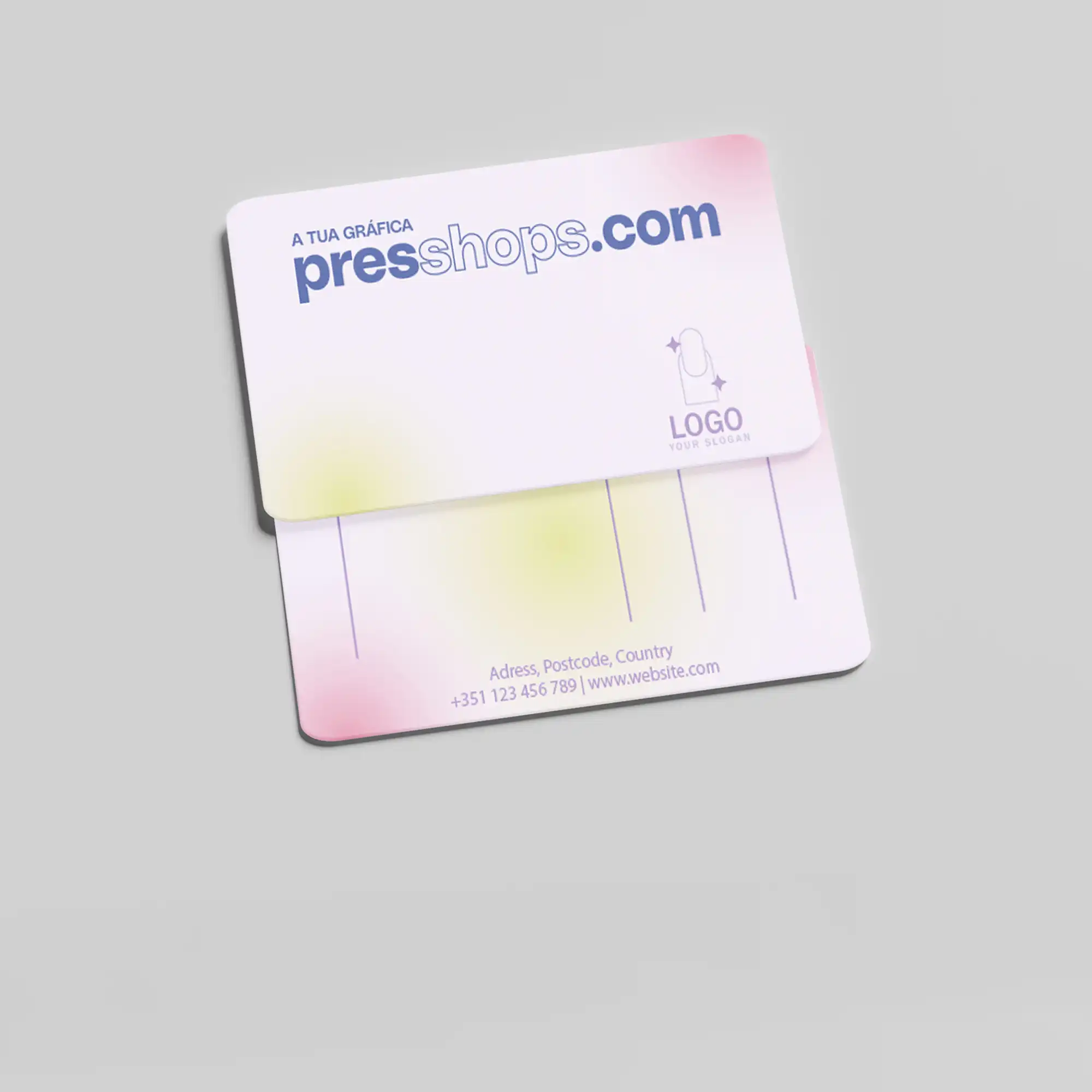 Cartões de marcação Presshops em tons azul e creme, personalizados com logótipo, ideais para salões, clínicas e empresas de serviços.