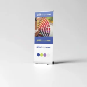 Roll-up publicitário Presshops com estrutura leve e impressão personalizada, ideal para feiras e eventos profissionais