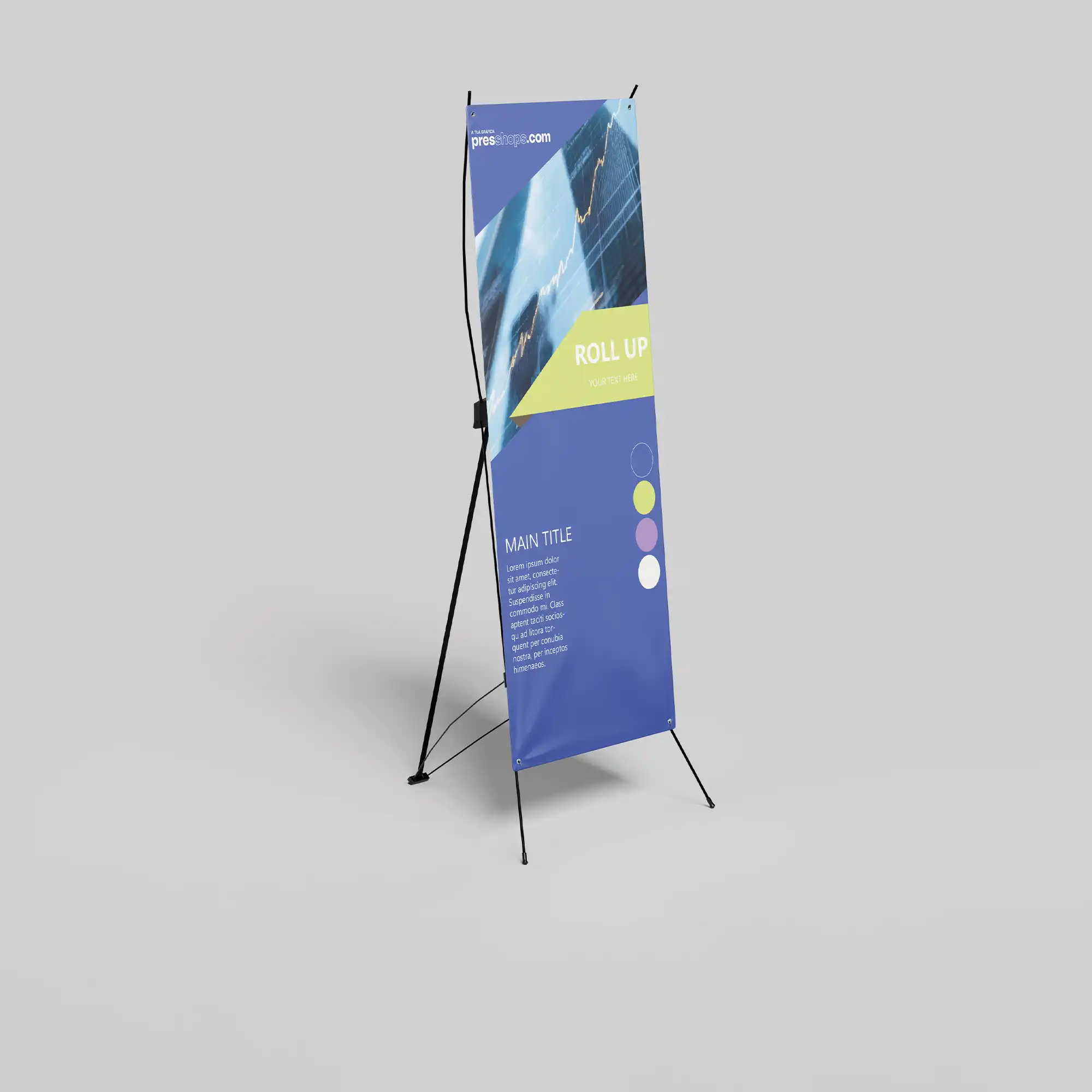 X-Banner personalizado com impressão de alta qualidade. Estrutura leve, montagem rápida e transporte fácil. Encomende online na Presshops.